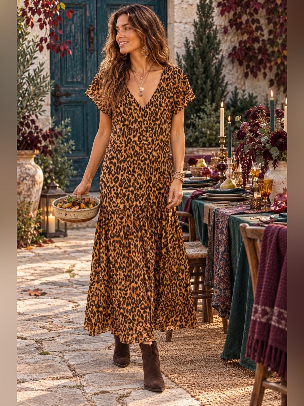 ZARA Animal Leopard Print V-Neck Drop-Waist Maxi Dress Size XS Short Sleeve